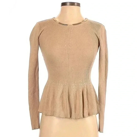 Boston Proper | Peplum Tan Ribbed Sweater Gold Metallic Collar Size XXS - Picture 1 of 2